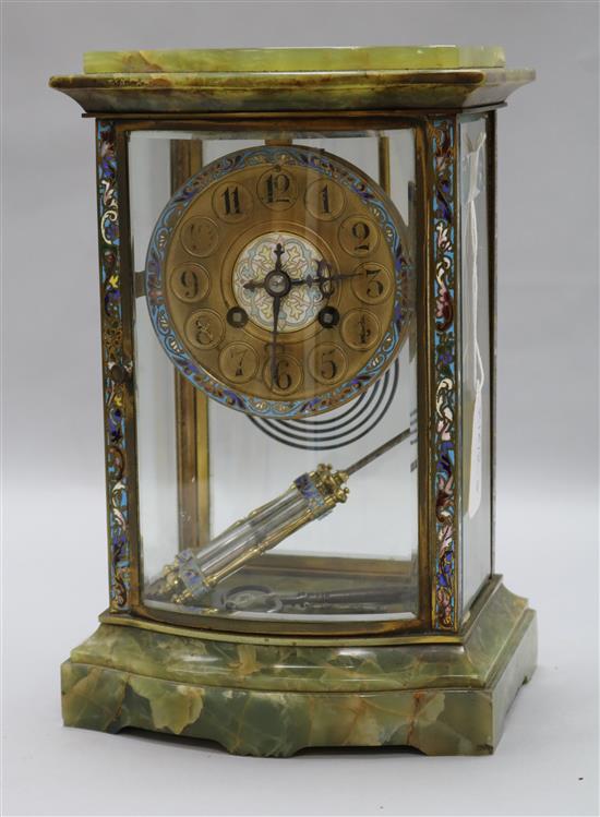 A French champleve inset ormolu and green onyx four glass mantel clock, c.1900, 10.75in.